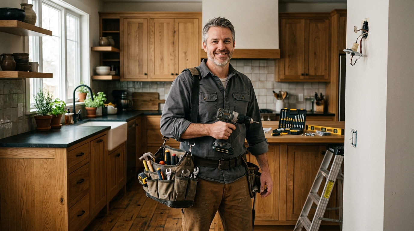 Handyman carrying a toolbox through a warmly lit home entry