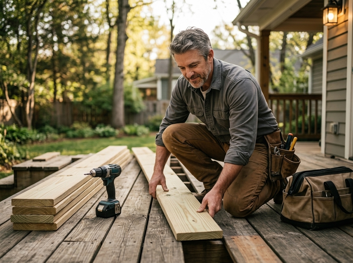 Deck board repair with lumber and hand tools outside