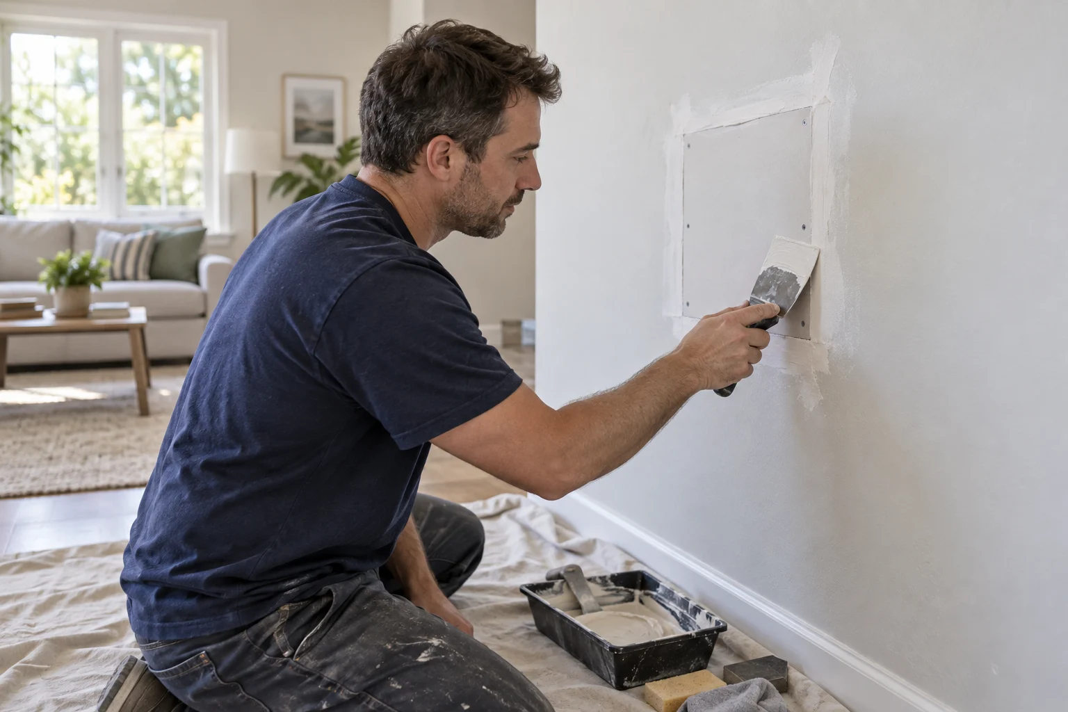 Drywall patch being smoothed beside a painted wall