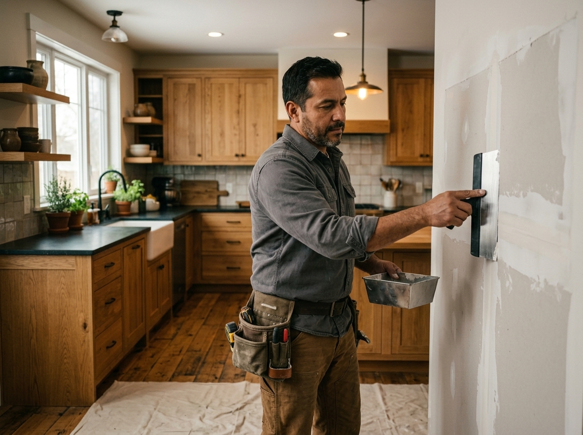Drywall patch being smoothed beside a painted wall