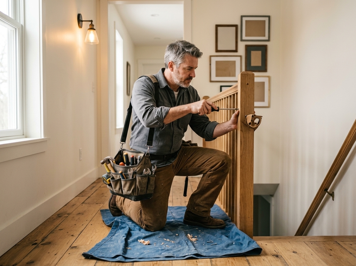 Handyman tightening cabinet hardware in a kitchen