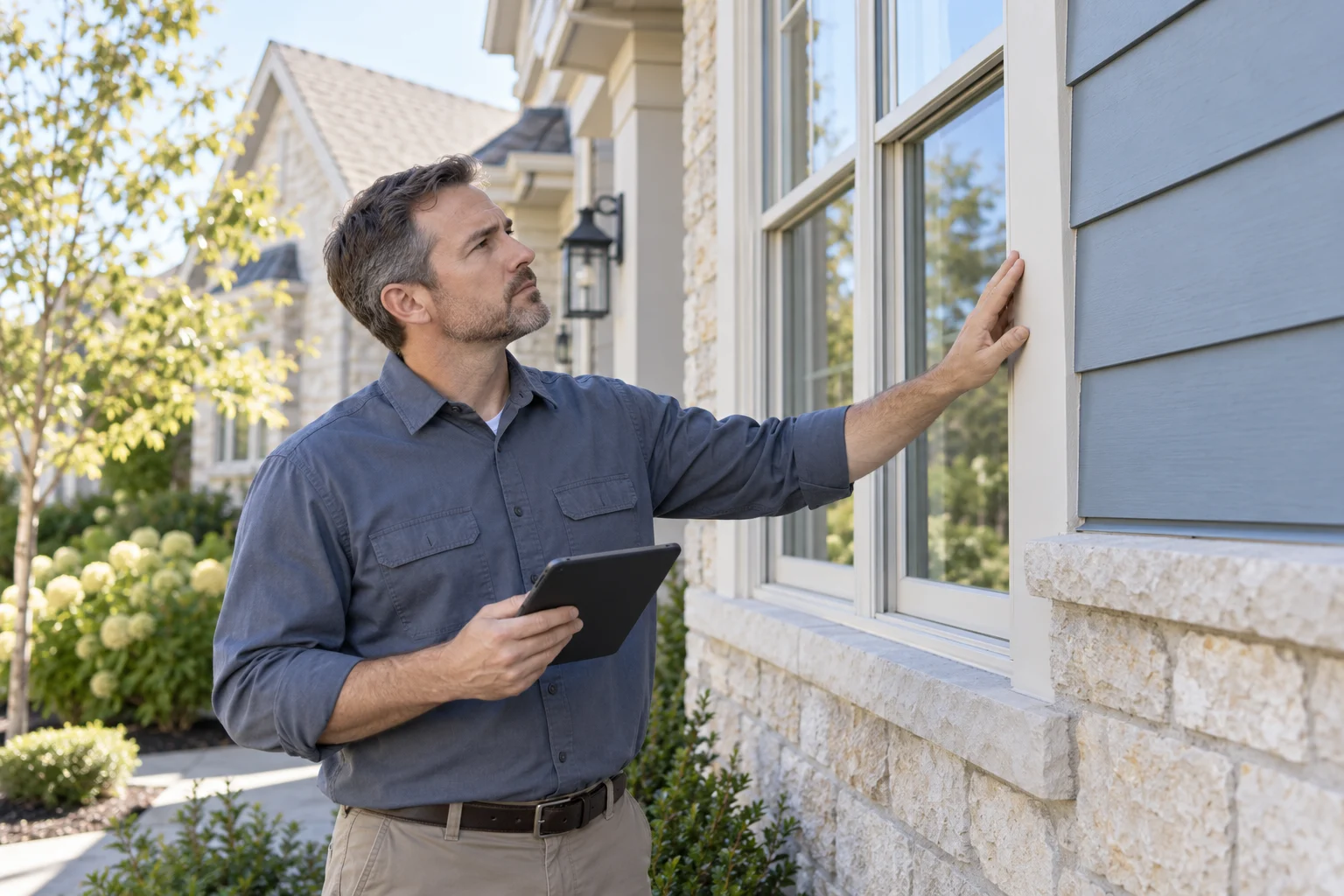 A worker holds a tablet and touches exterior window trim beside blue house siding.