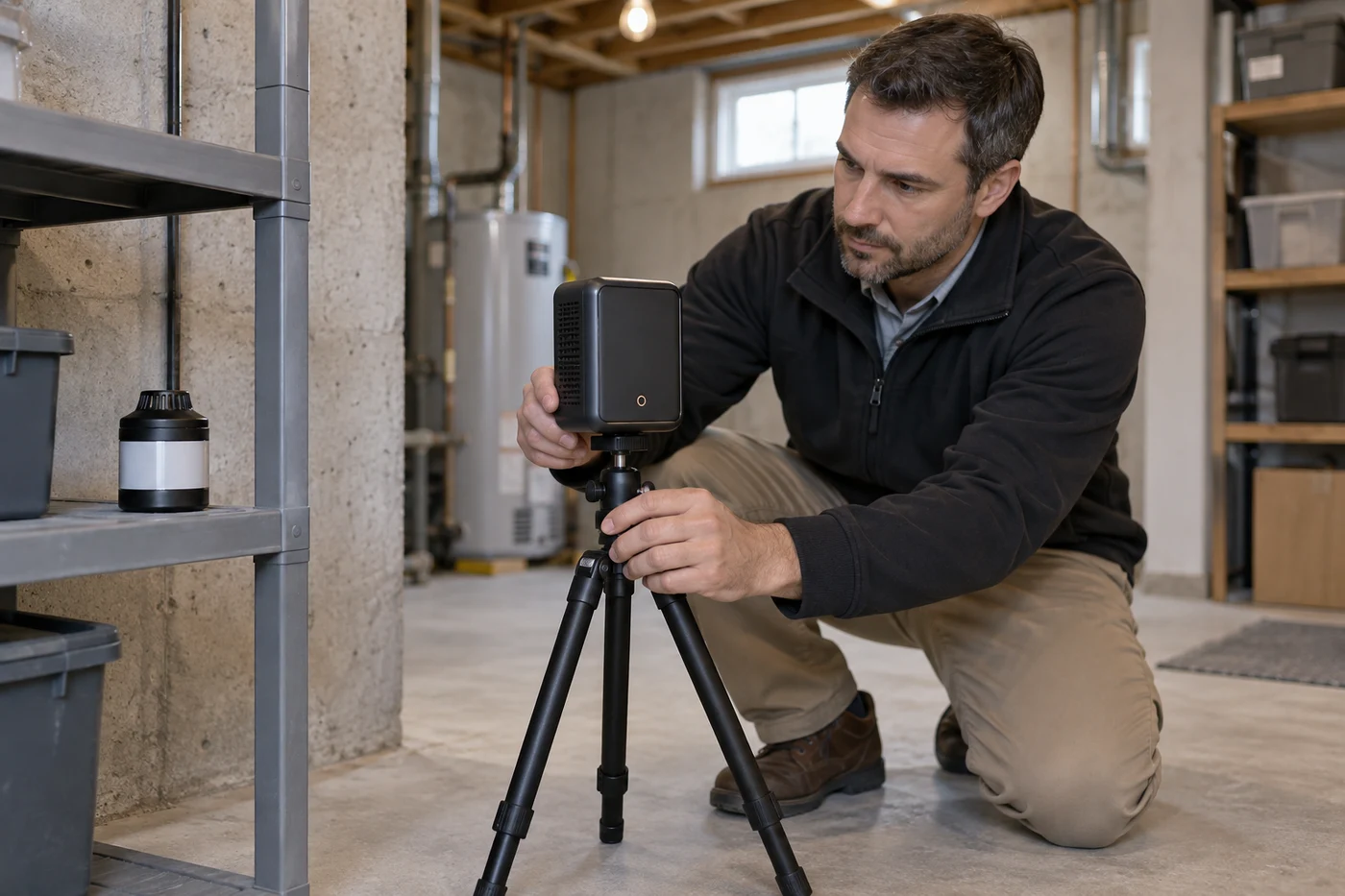 A kneeling worker adjusts a black device on a tripod in an unfinished basement.