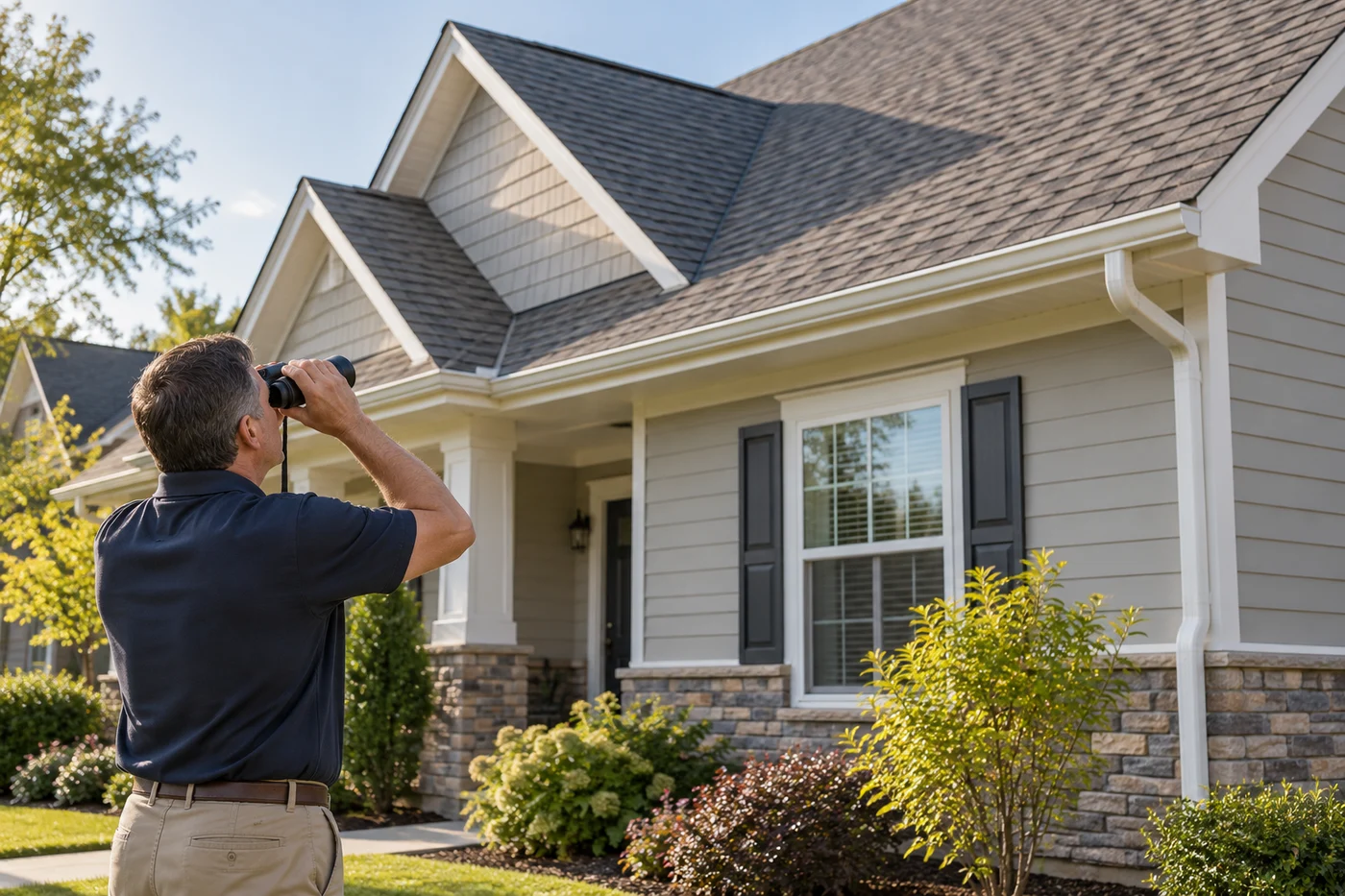 A man uses binoculars to examine the roof of a house from the front yard.