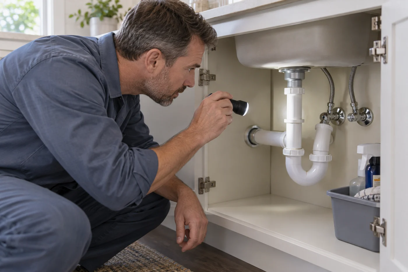 A worker uses a flashlight to inspect drain pipes inside an open sink cabinet.