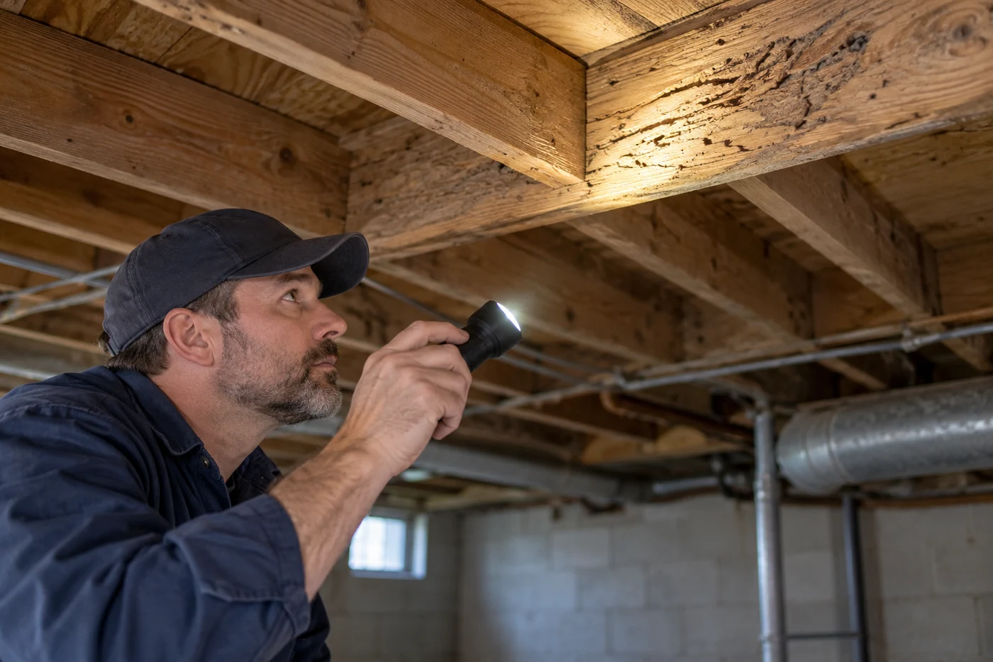 A worker shines a flashlight on damaged wooden floor joists in an unfinished basement.