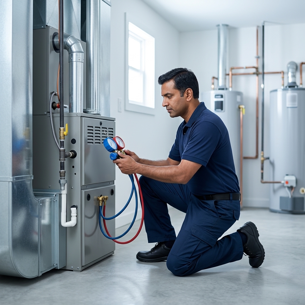 HVAC technician inspecting a high-efficiency furnace with a gauge manifold
