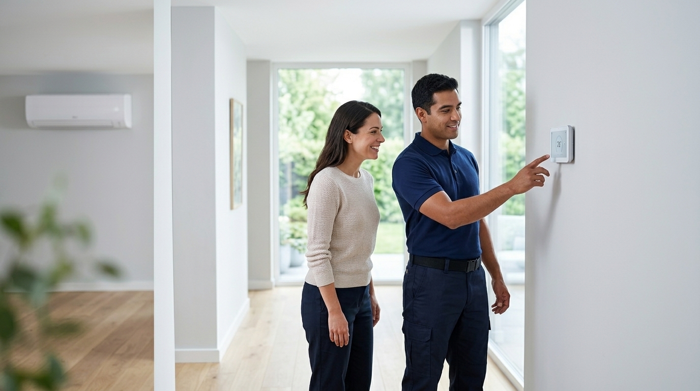 HVAC technician showing a homeowner a smart thermostat