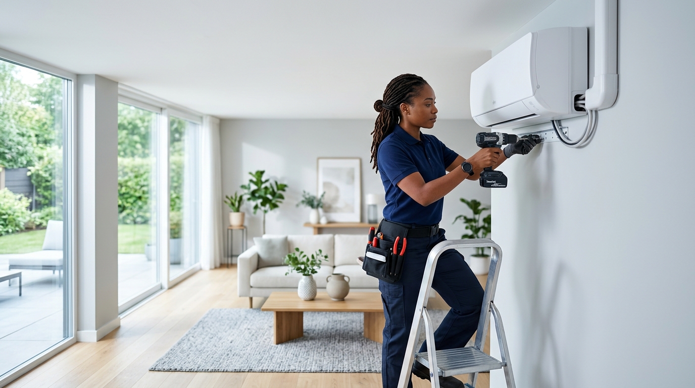 HVAC technician installing a wall-mounted mini-split in a bright modern living room