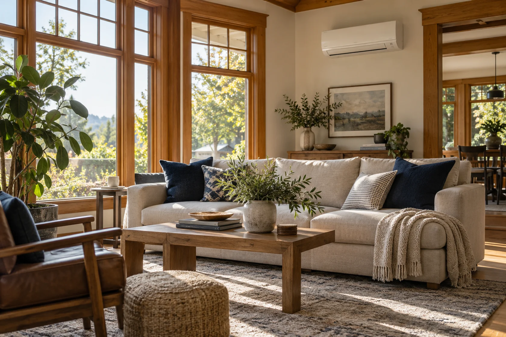 Sunlit living room with a discreet wall-mounted heating and cooling system
