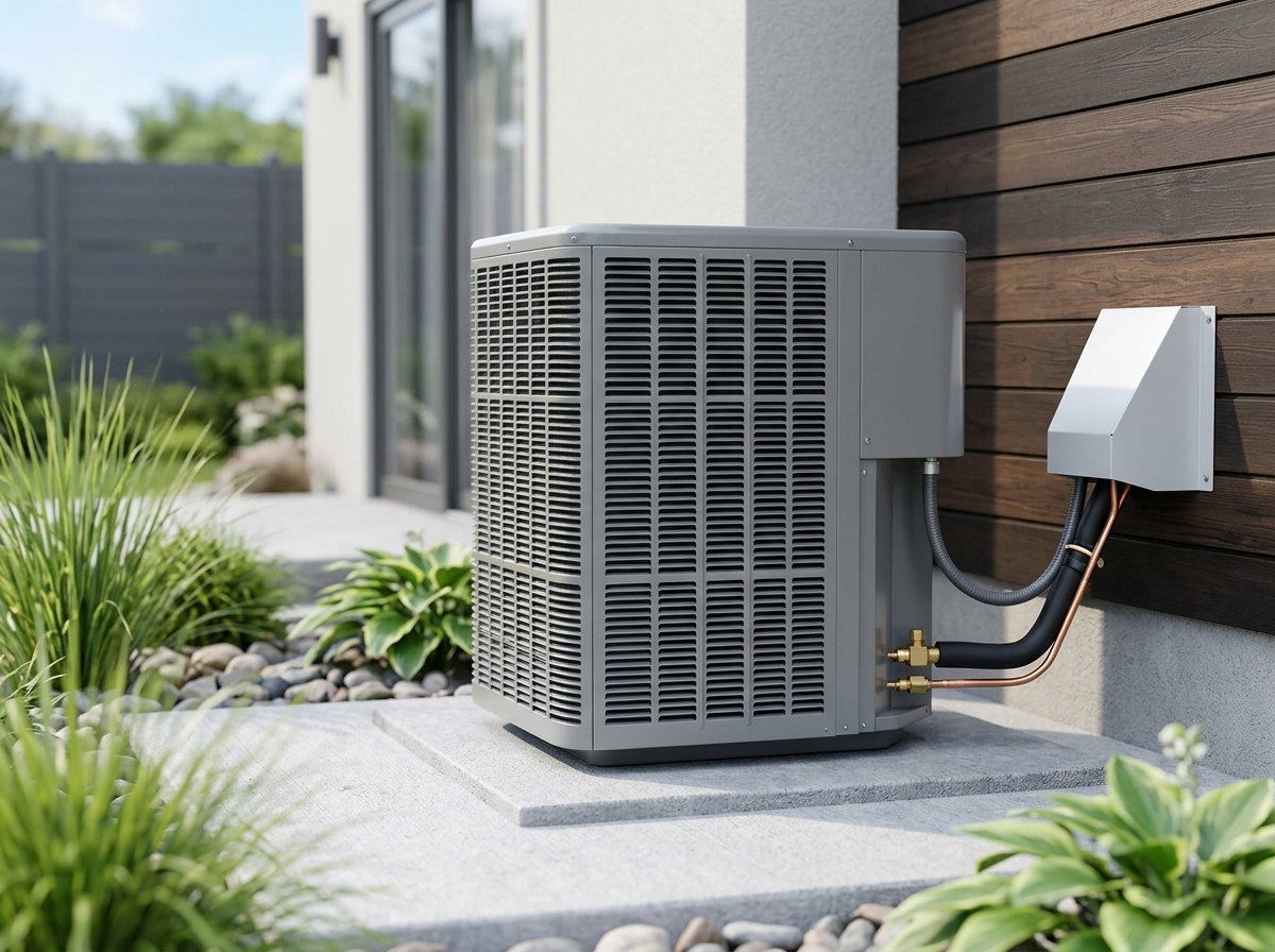 New high-efficiency outdoor AC condenser installed beside a home