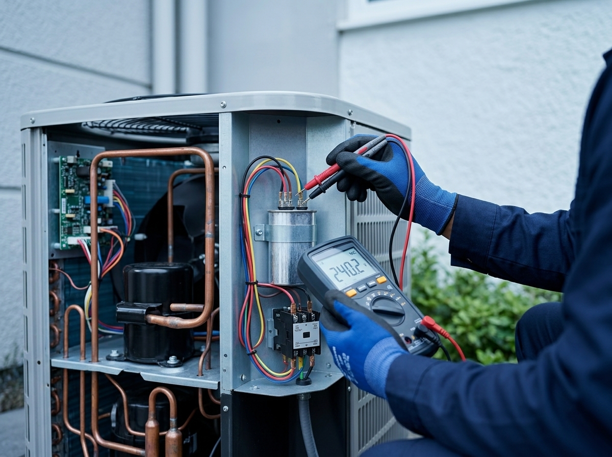 Technician testing components inside an outdoor AC unit