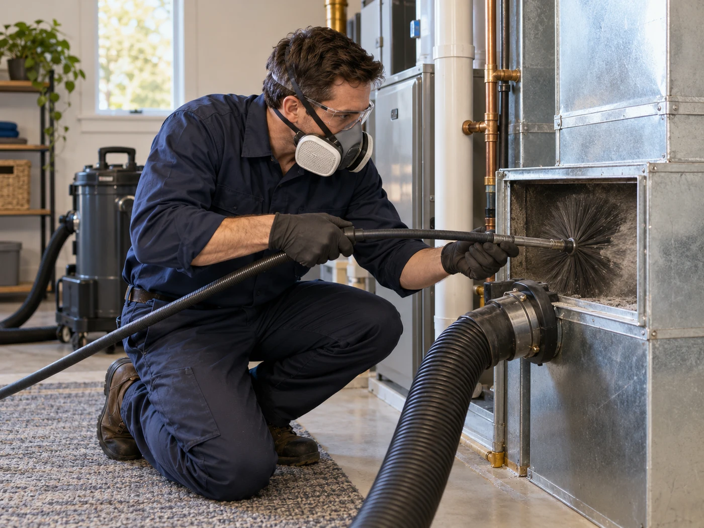 HVAC technician cleaning ductwork with professional extraction equipment