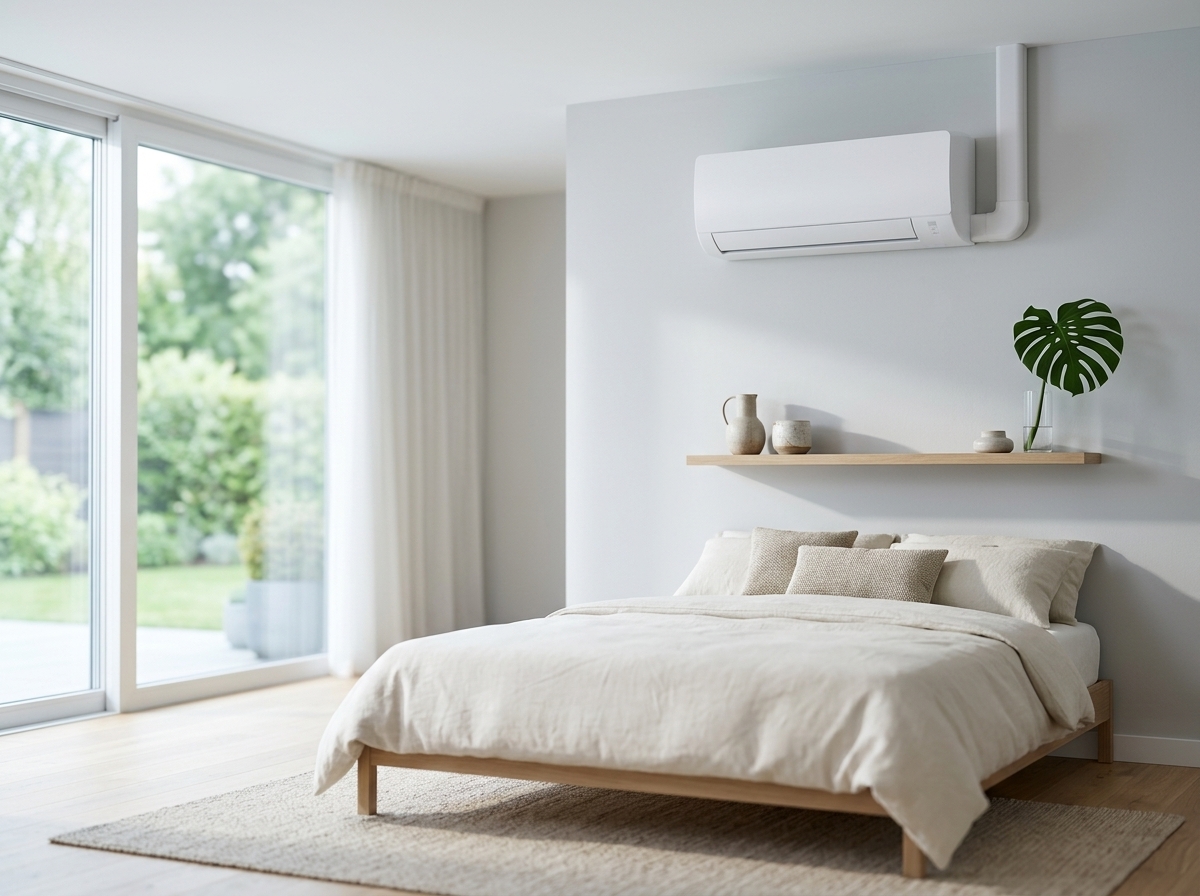 White ductless mini-split heat pump mounted in a modern room