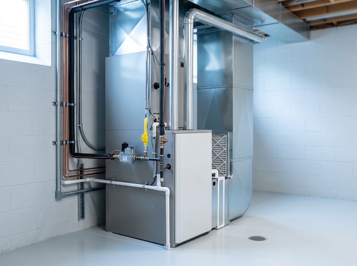 High-efficiency gas furnace installed in a clean utility room