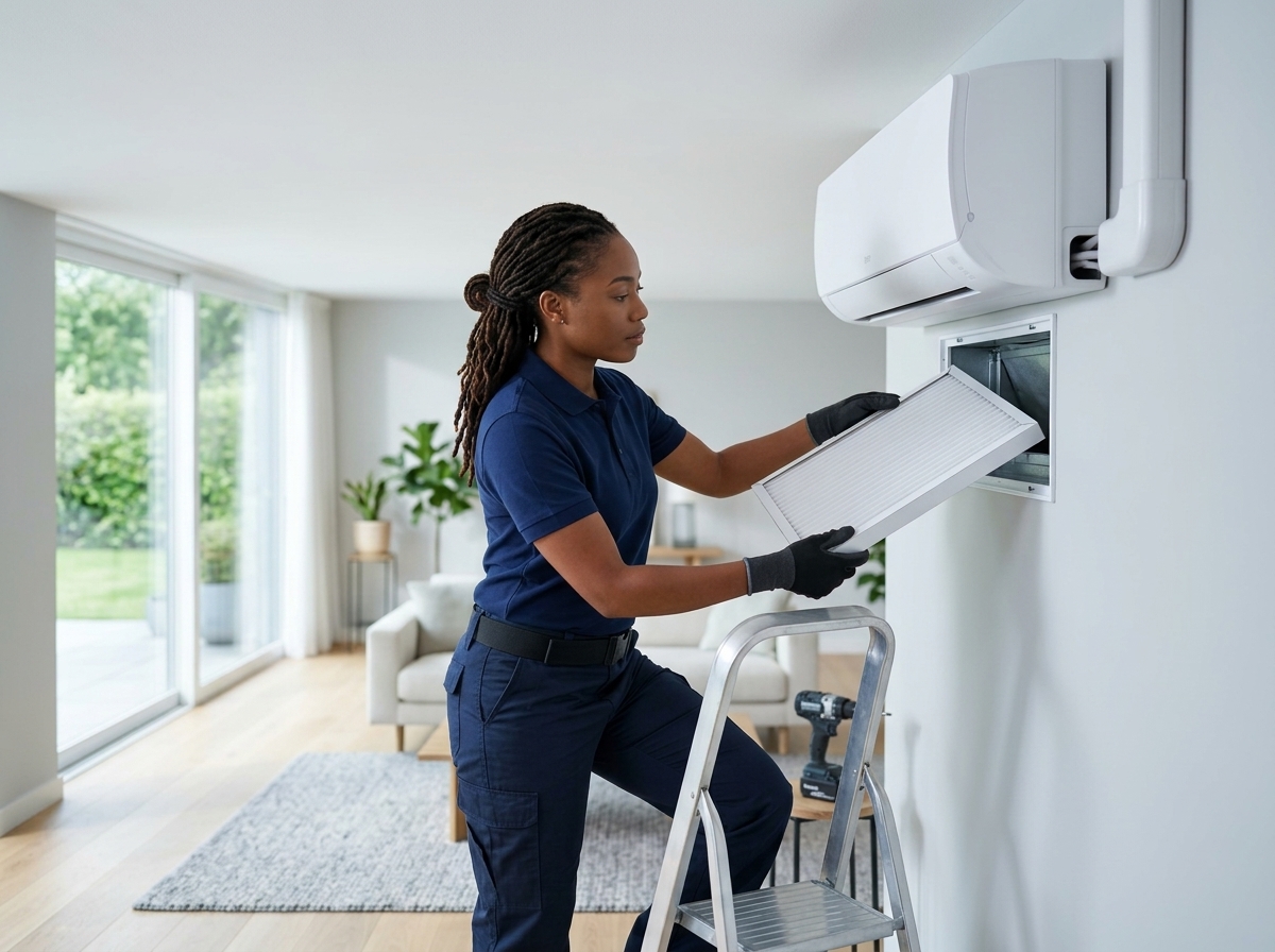 Technician replacing a clean air filter in a home air handler