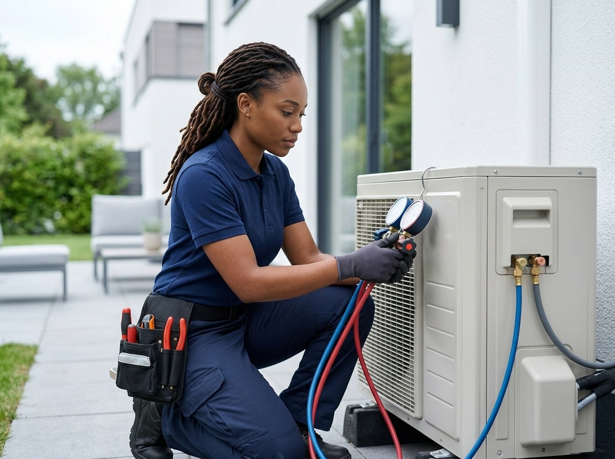 Technician performing a seasonal tune-up on an outdoor AC unit