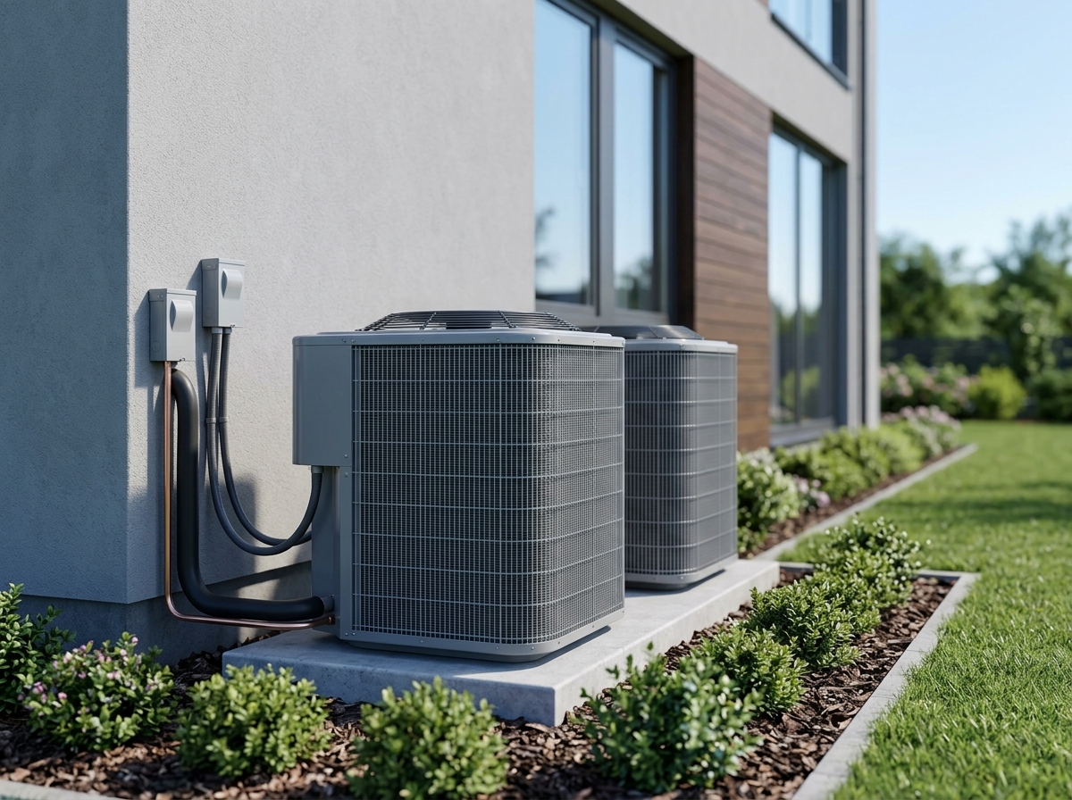 Two new outdoor AC condenser units installed beside a modern home