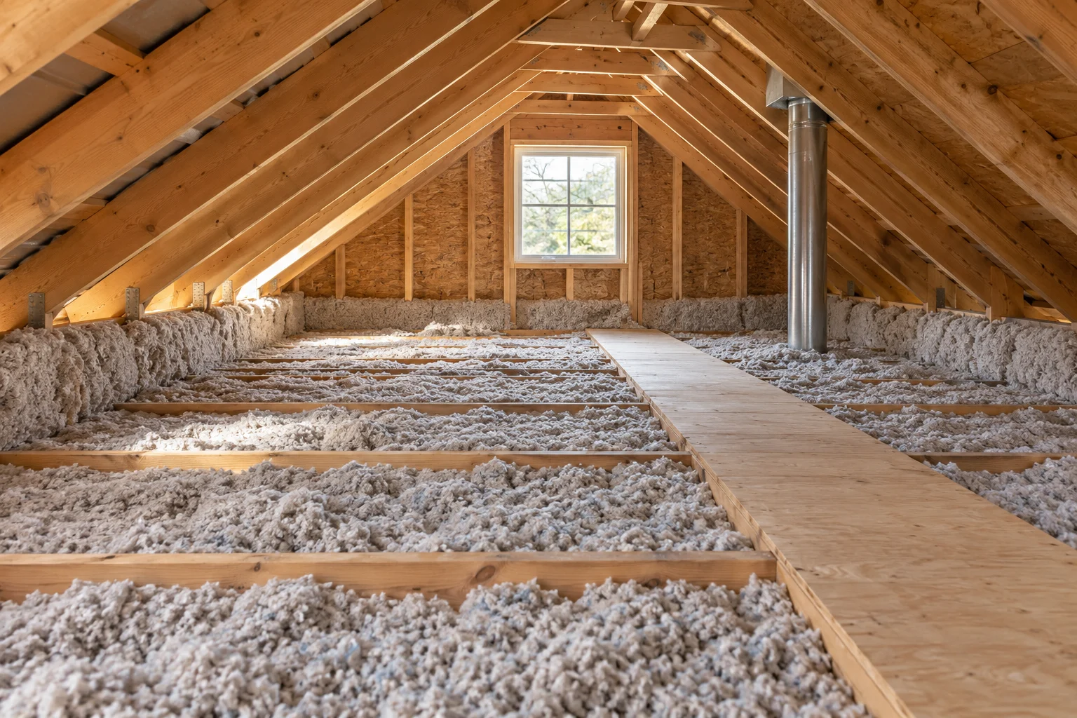 Loose-fill insulation covers an attic floor beneath exposed wooden rafters and a narrow boarded walkway.