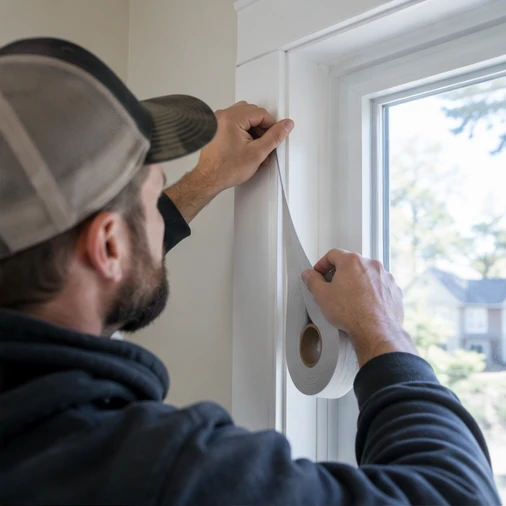 A worker applies a strip of white tape along an interior window frame.