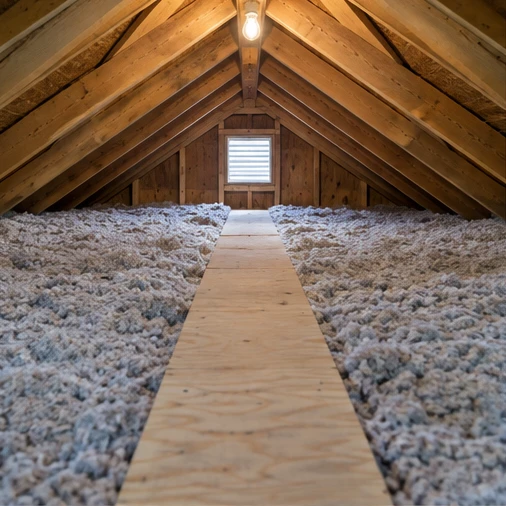 Loose fill insulation covers an attic floor on both sides of a wooden walkway.
