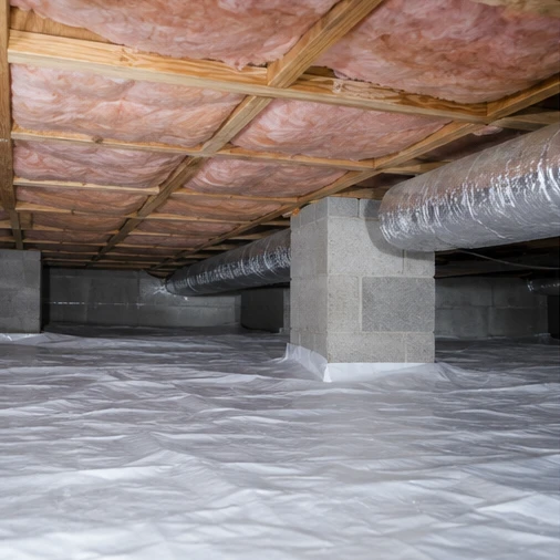 A crawl space has white ground sheeting, pink insulation between wooden joists, and foil-covered ducts.