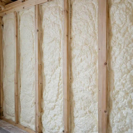 White spray foam insulation fills the cavities between exposed wooden wall studs.