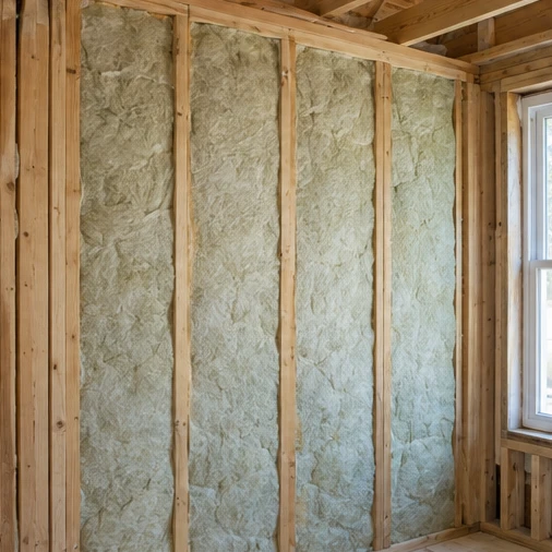 Fibrous insulation fills exposed wooden wall framing beside a window in an unfinished room.
