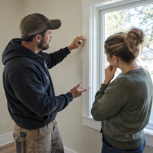 A worker points to window trim while a customer looks on inside a room.