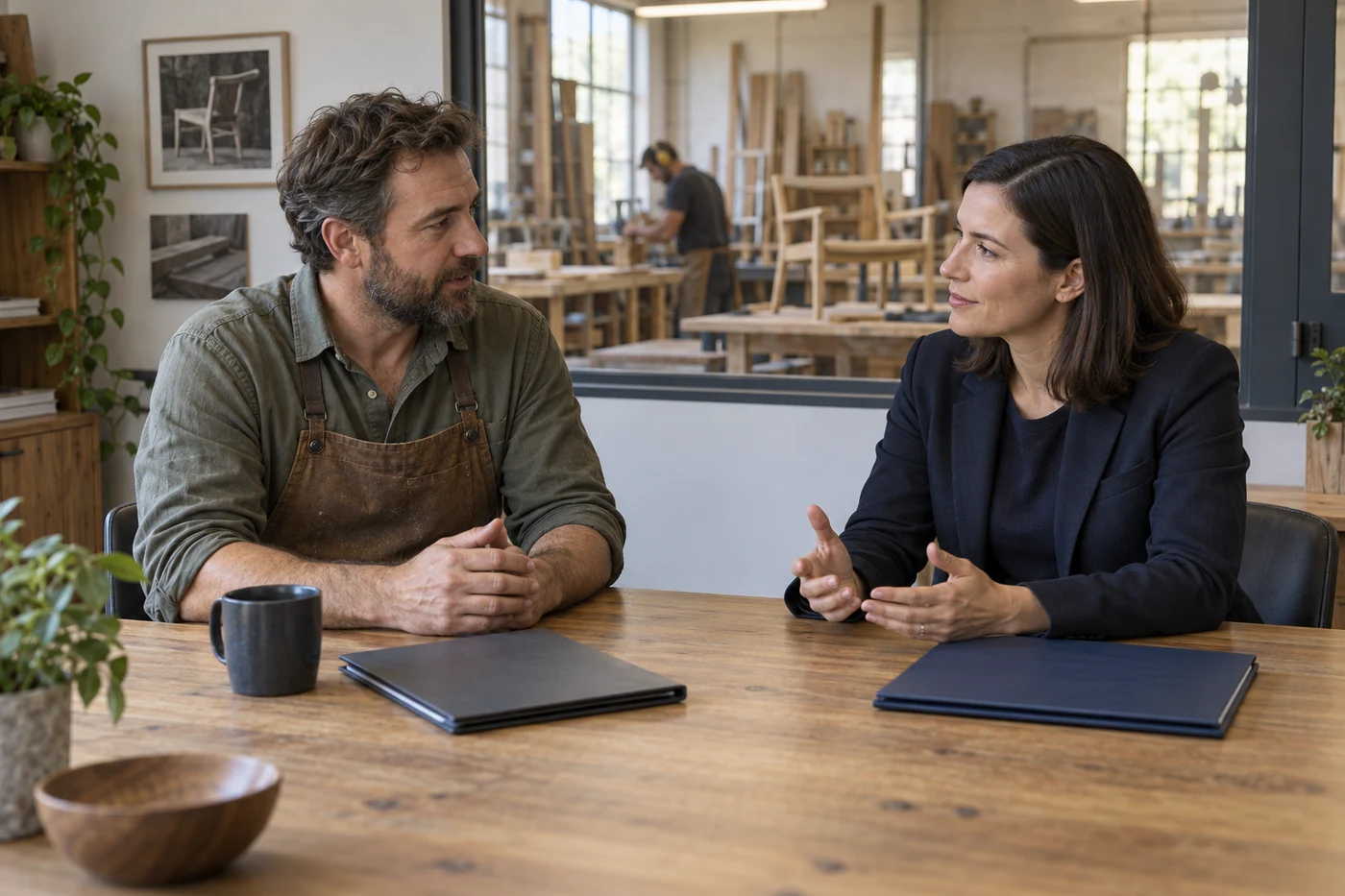 An apron-wearing woodworker and a woman talk at a table in front of a woodworking shop.