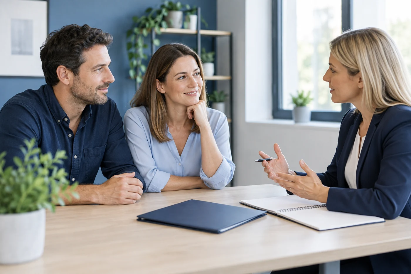 An adviser speaks with two adults across an office table with a folder and an open notebook.
