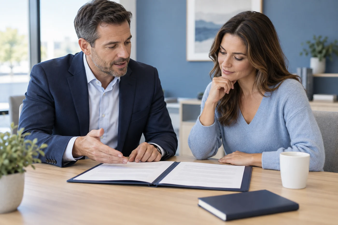 A man and woman review documents in an open folder at an office table.