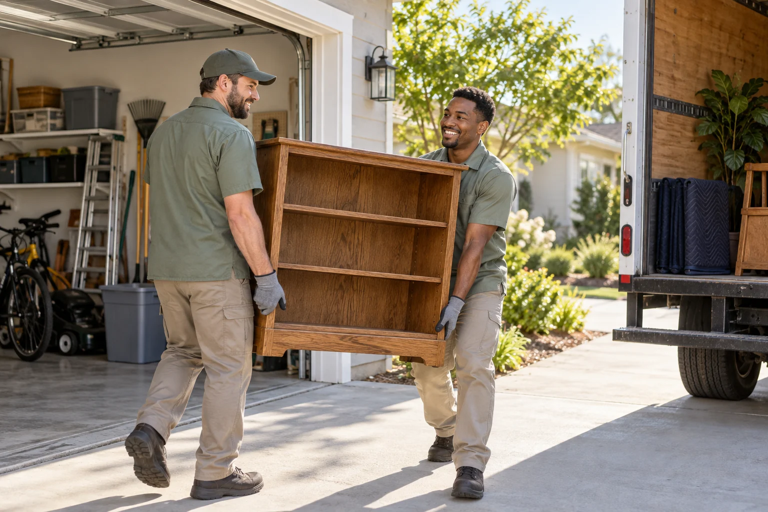 Two movers carry a wooden bookcase between an open garage and a moving truck.