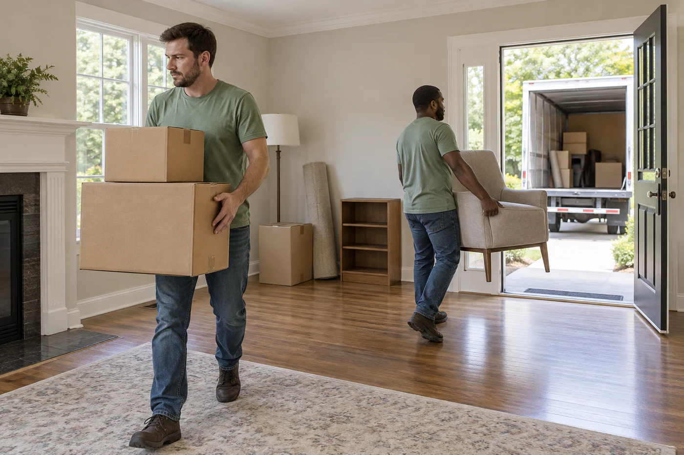 Two movers carry cardboard boxes and an armchair through a living room with a truck outside the open door.
