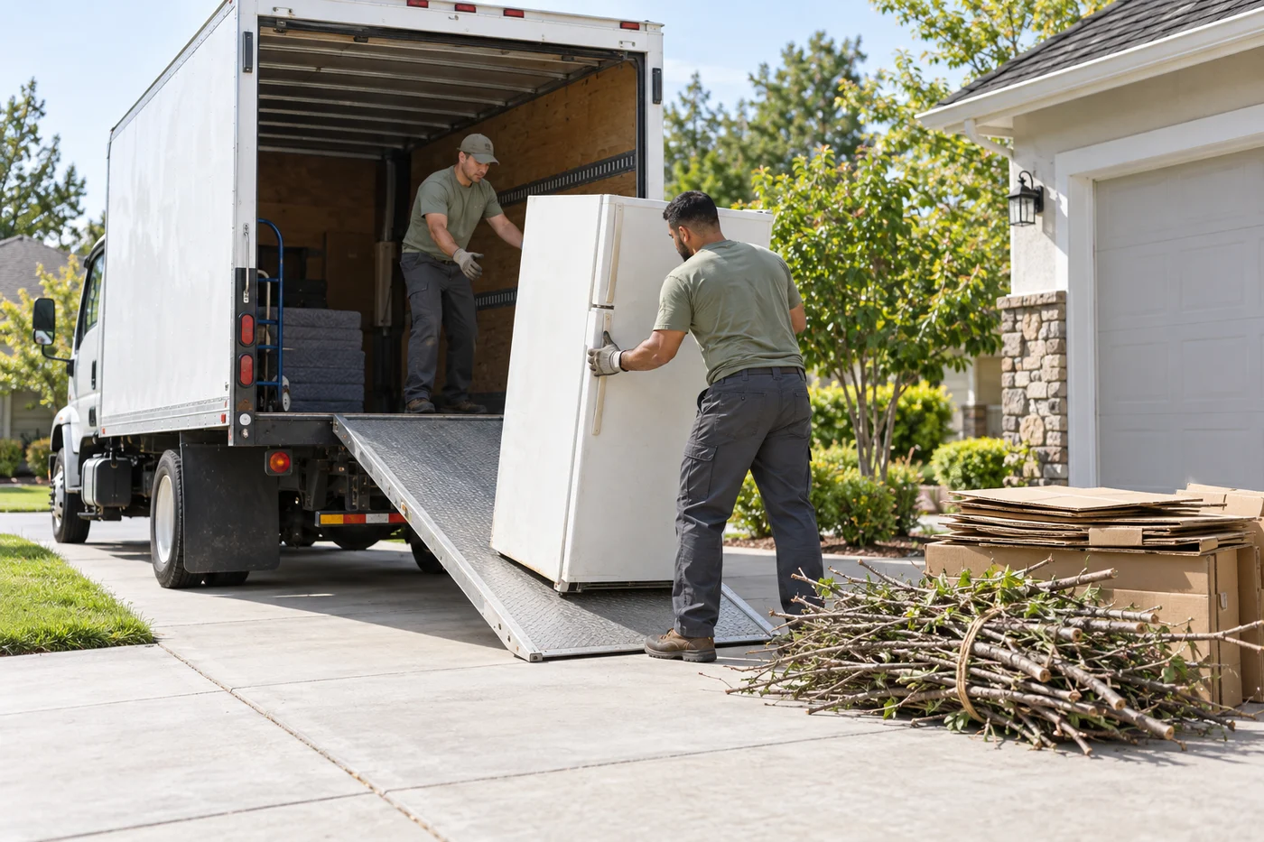 Two workers guide a refrigerator up a truck ramp beside stacked cardboard and branches on a driveway.