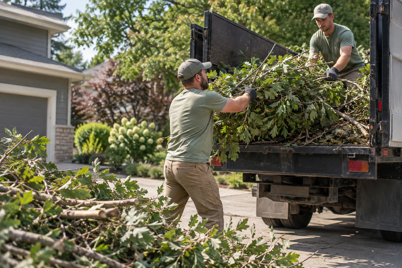 Two workers load leafy branches into a truck beside a house.
