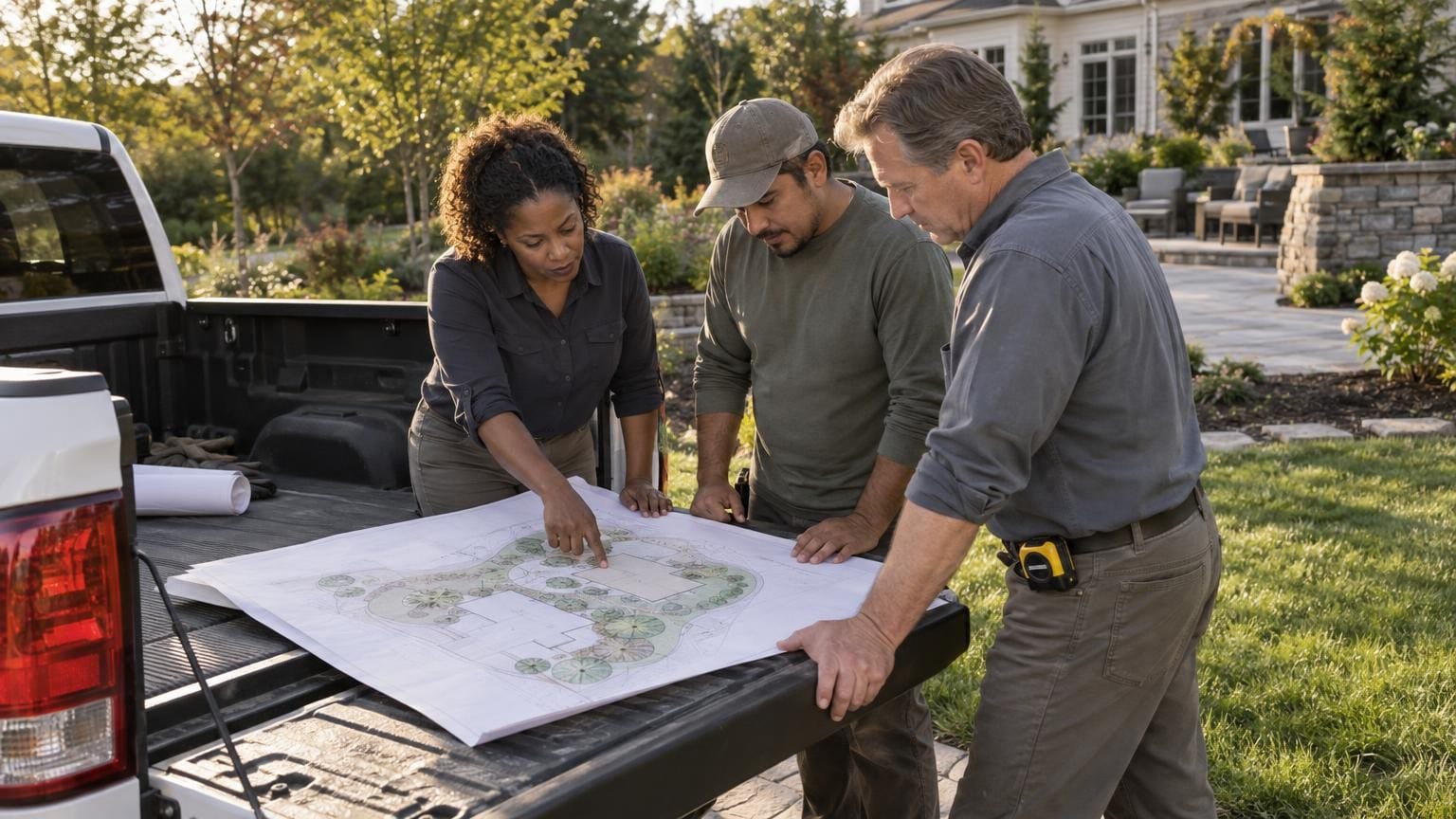 Designer and crew reviewing a planting plan on a pickup tailgate beside a finished backyard