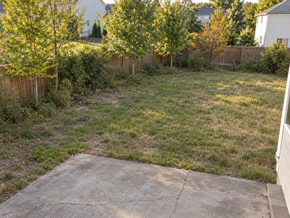 Backyard before the project with a cracked concrete slab and a patchy lawn