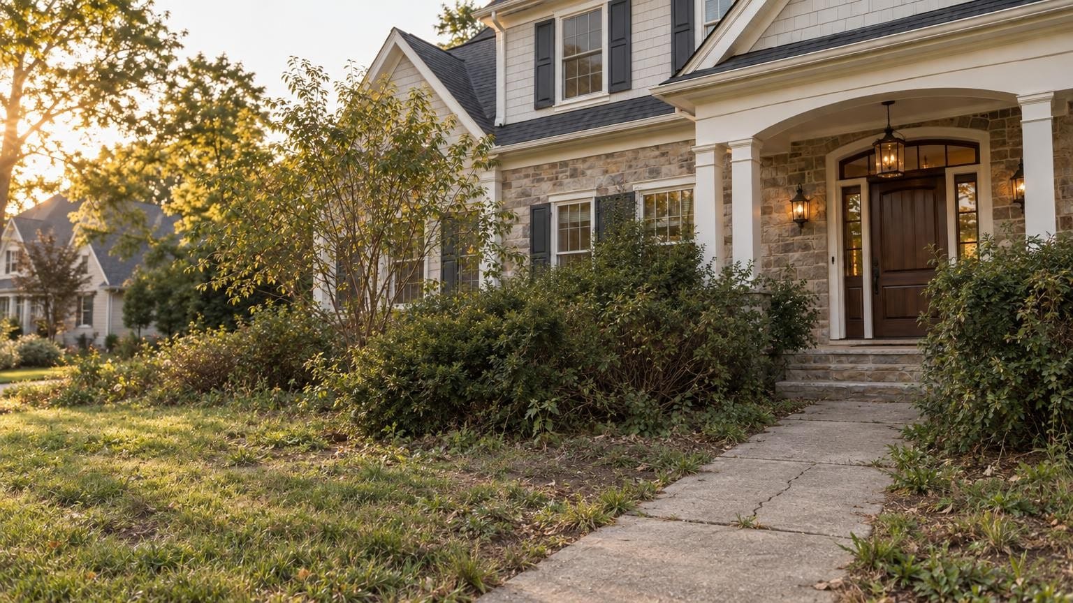 Front yard before the project with a narrow cracked walk and overgrown shrubs