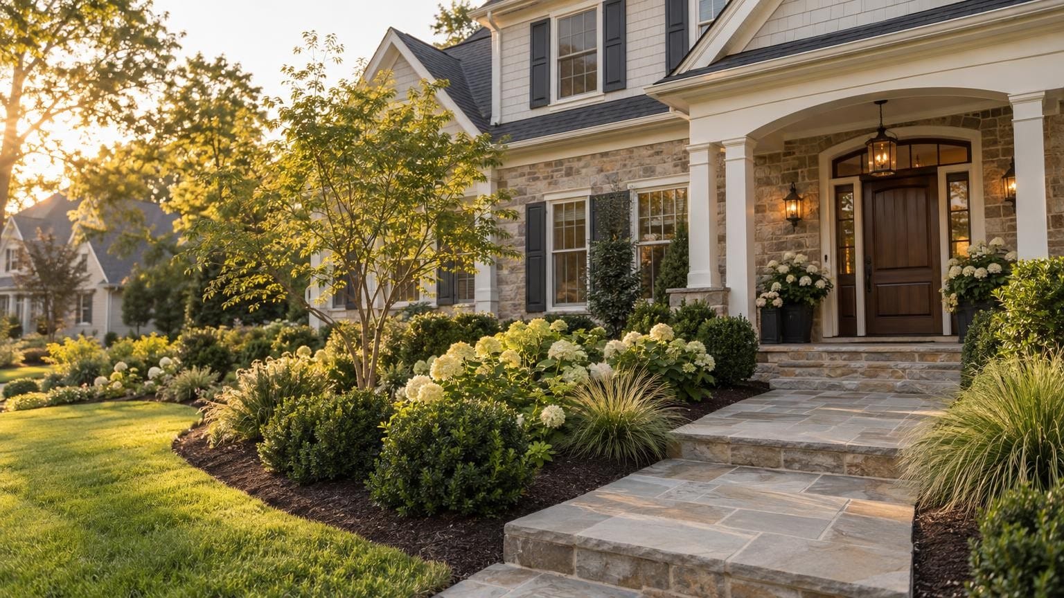 Two-story home with a new natural stone walkway and layered foundation planting at golden hour