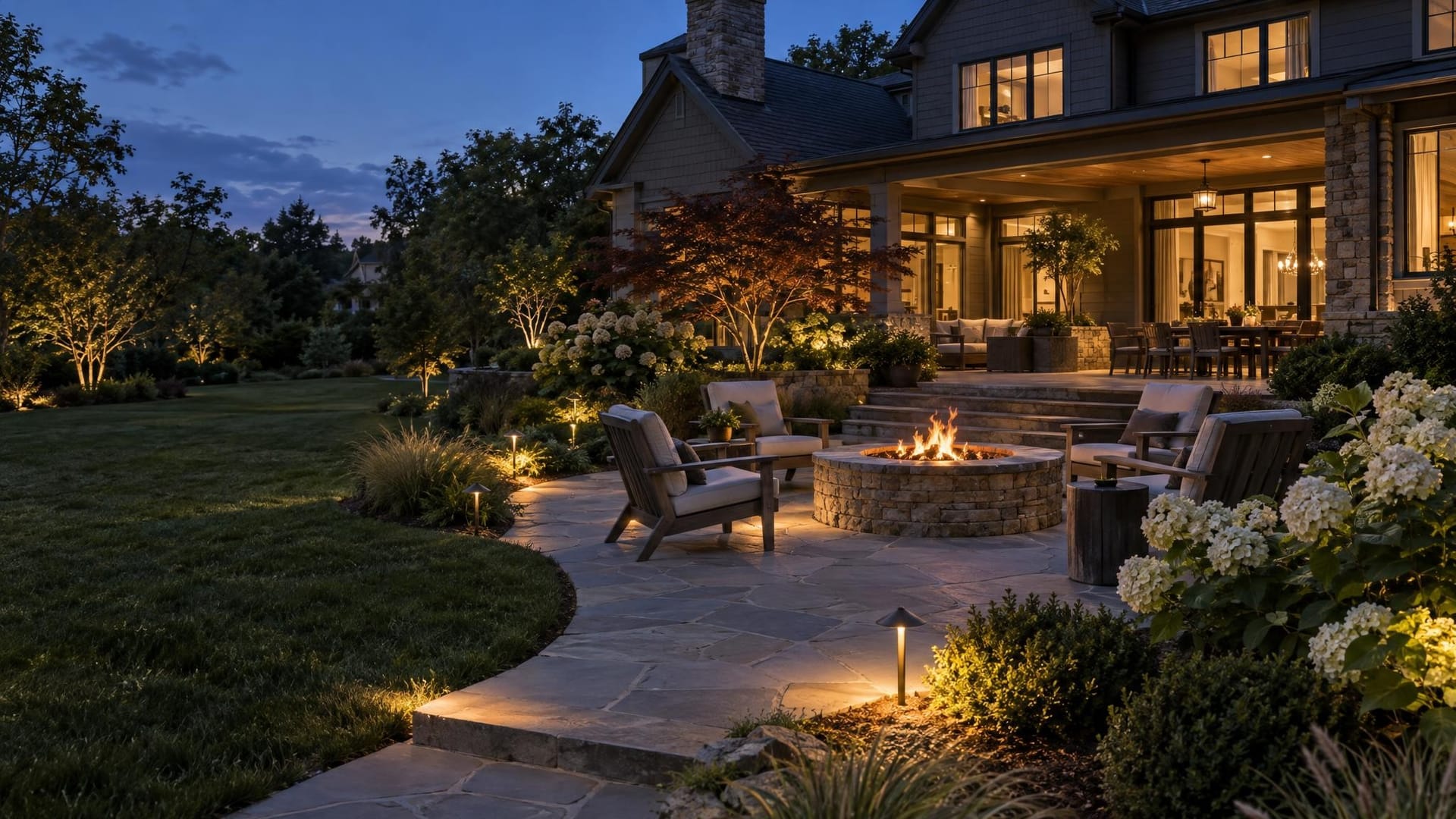 Stone patio with a fire pit, lounge chairs and warm path lighting behind a craftsman home at dusk