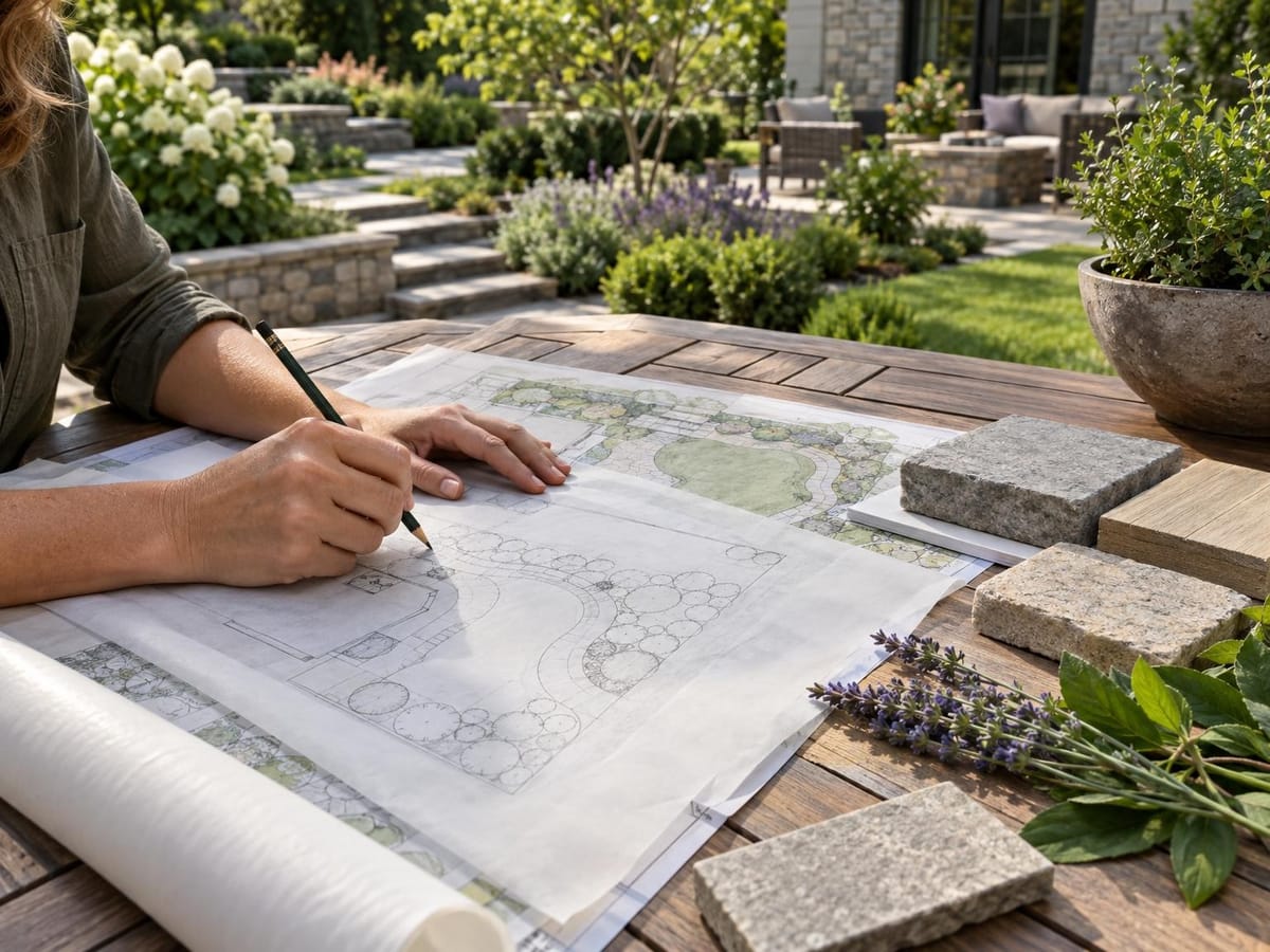 Designer sketching a planting layout on tracing paper beside stone and paver samples