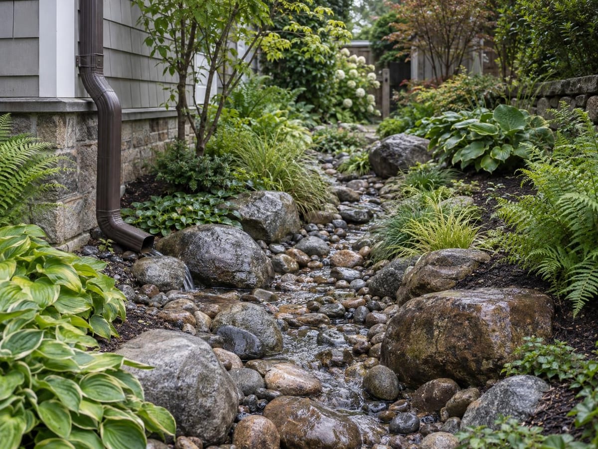 Dry creek bed of river rock and boulders winding between ferns and hostas after rain
