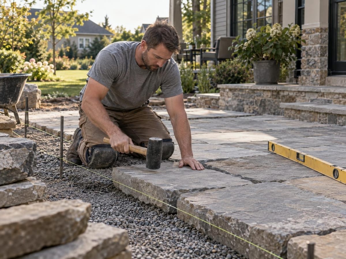 Crew member setting a natural stone paver on a compacted gravel base with a rubber mallet
