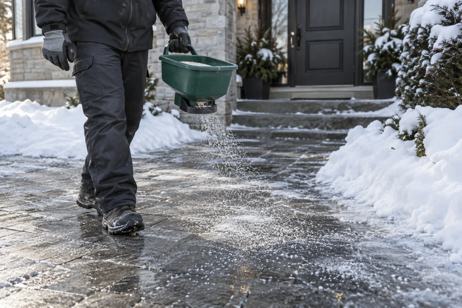 Winter worker applying granular deicer to an icy residential walkway