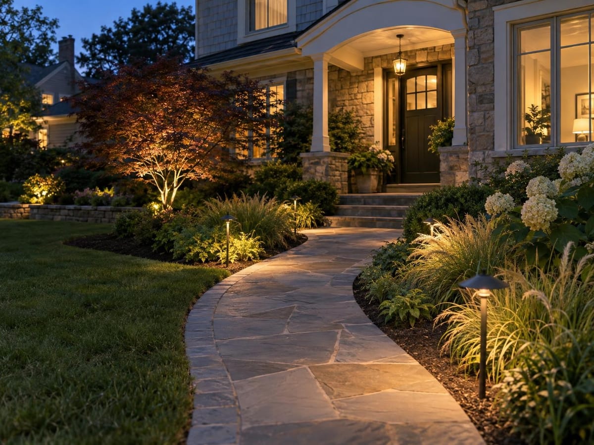 Curved flagstone walkway at blue hour with warm path lights and an uplit Japanese maple