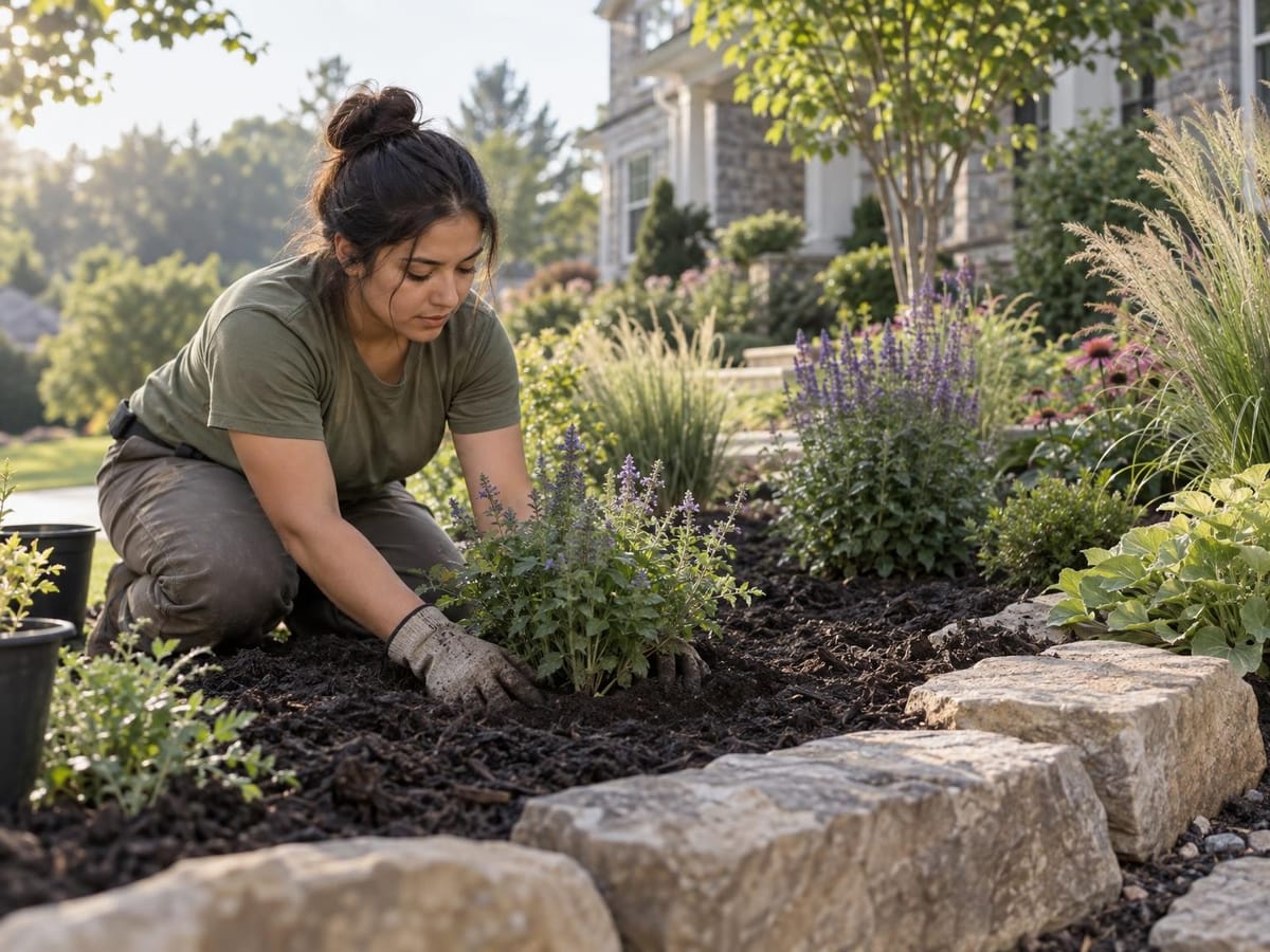 Landscaper setting a perennial into a freshly prepared bed edged in natural stone