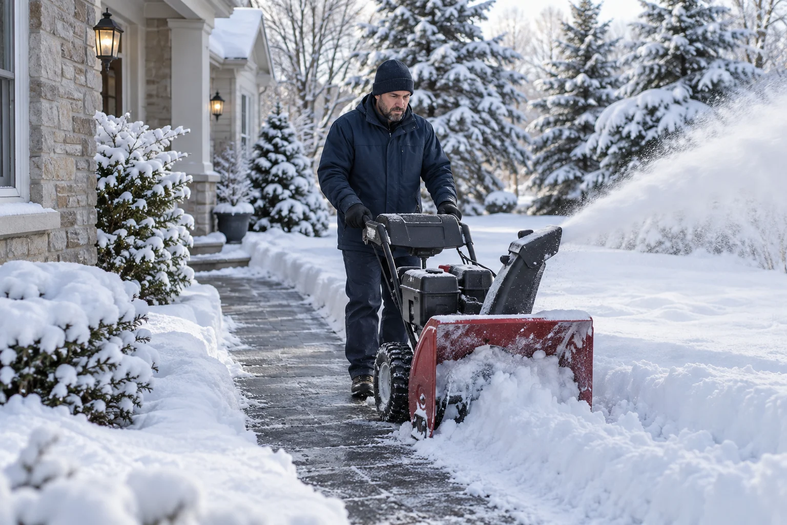 Winter maintenance operator clearing a snow-covered residential walkway with a snow blower
