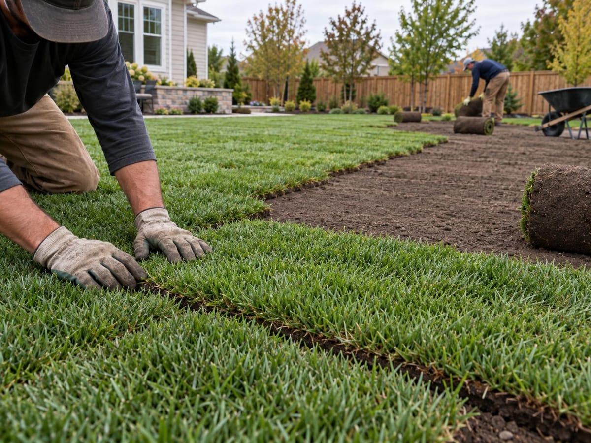 Rolls of fresh sod being laid in staggered seams across a newly graded backyard