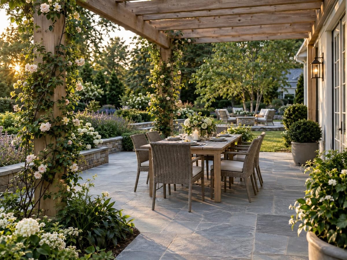 Bluestone patio under a cedar pergola with an outdoor dining table and planted borders